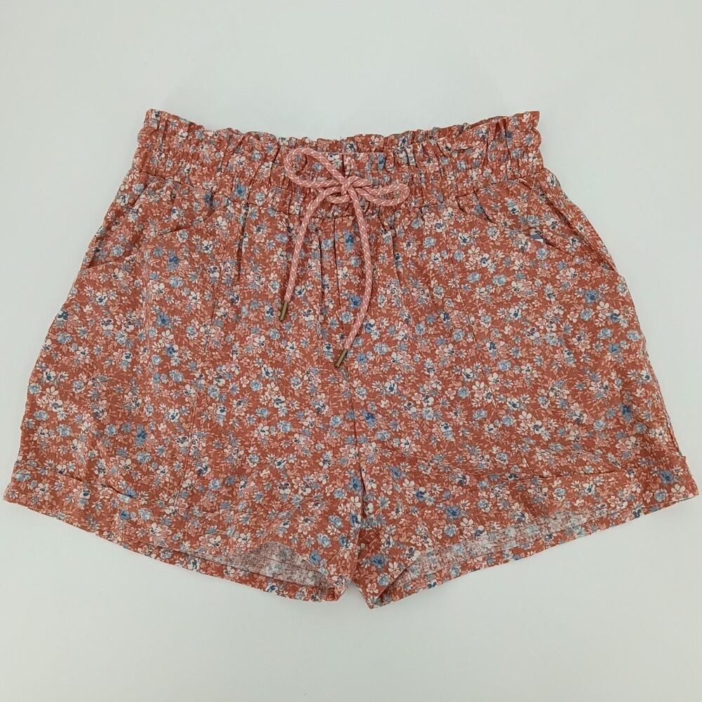 Rewind linen blend pink & blue floral shorts with drawstring waist M cottage